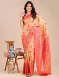 Cream & Red Banarasi Silk Saree With Blouse Piece - EZBER
