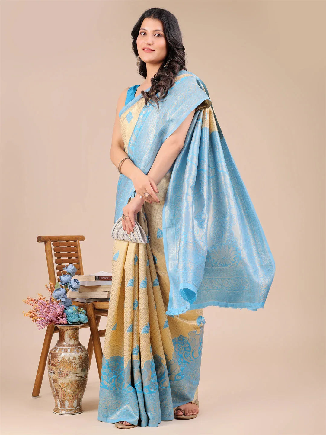 Cream & Sky Blue Banarasi Silk Saree With Blouse Piece - EZBER