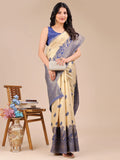 Cream & Navy Blue Banarasi Silk Saree With Blouse Piece - EZBER