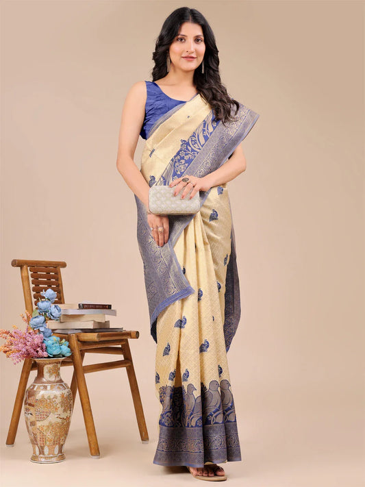 Cream & Navy Blue Banarasi Silk Saree With Blouse Piece - EZBER