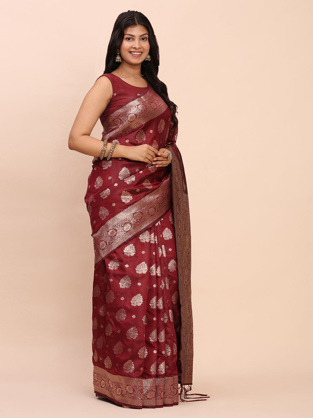 Maroon Banarasi silk Saree with Blouse Piece | EZBER