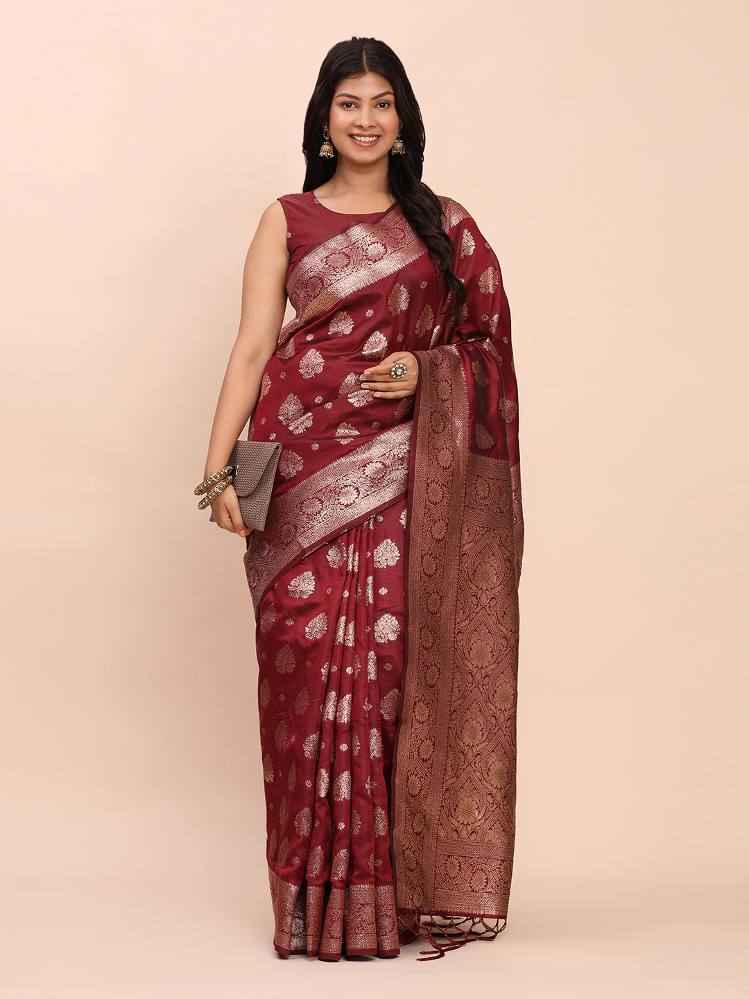 Maroon Banarasi silk Saree with Blouse Piece | EZBER