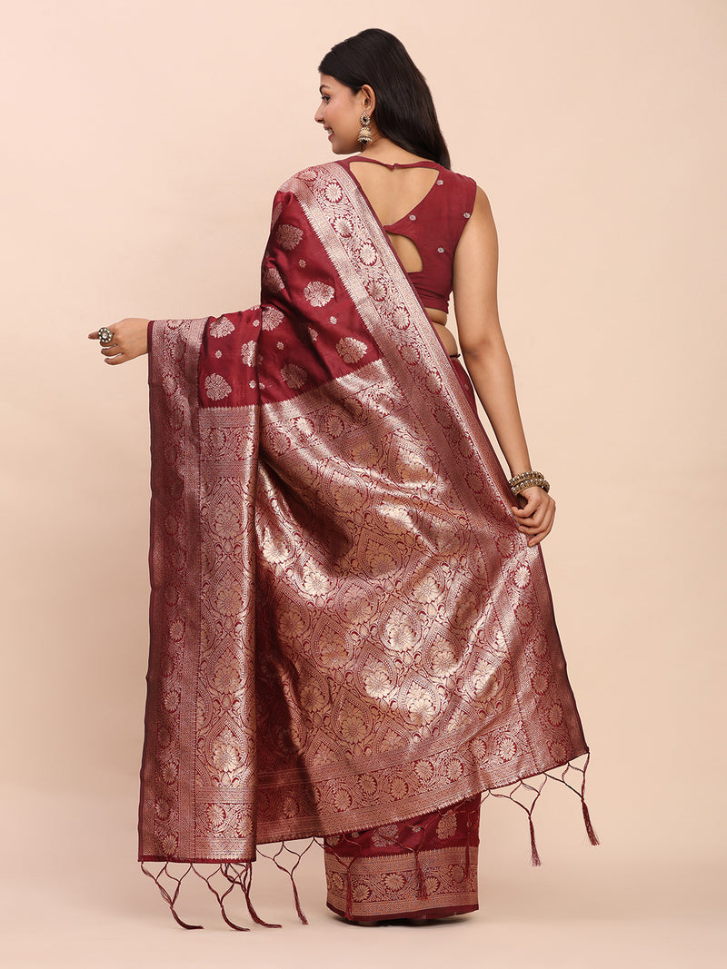Maroon Banarasi silk Saree with Blouse Piece | EZBER