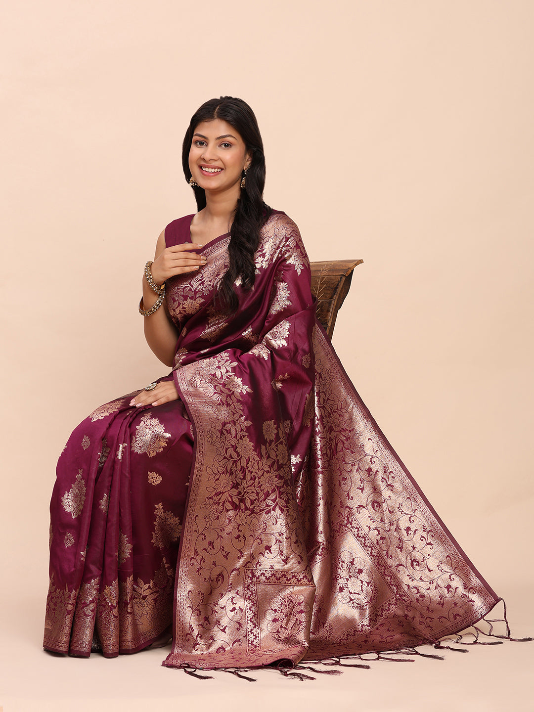 Purple Banarasi silk Saree with Blouse Piece | EZBER