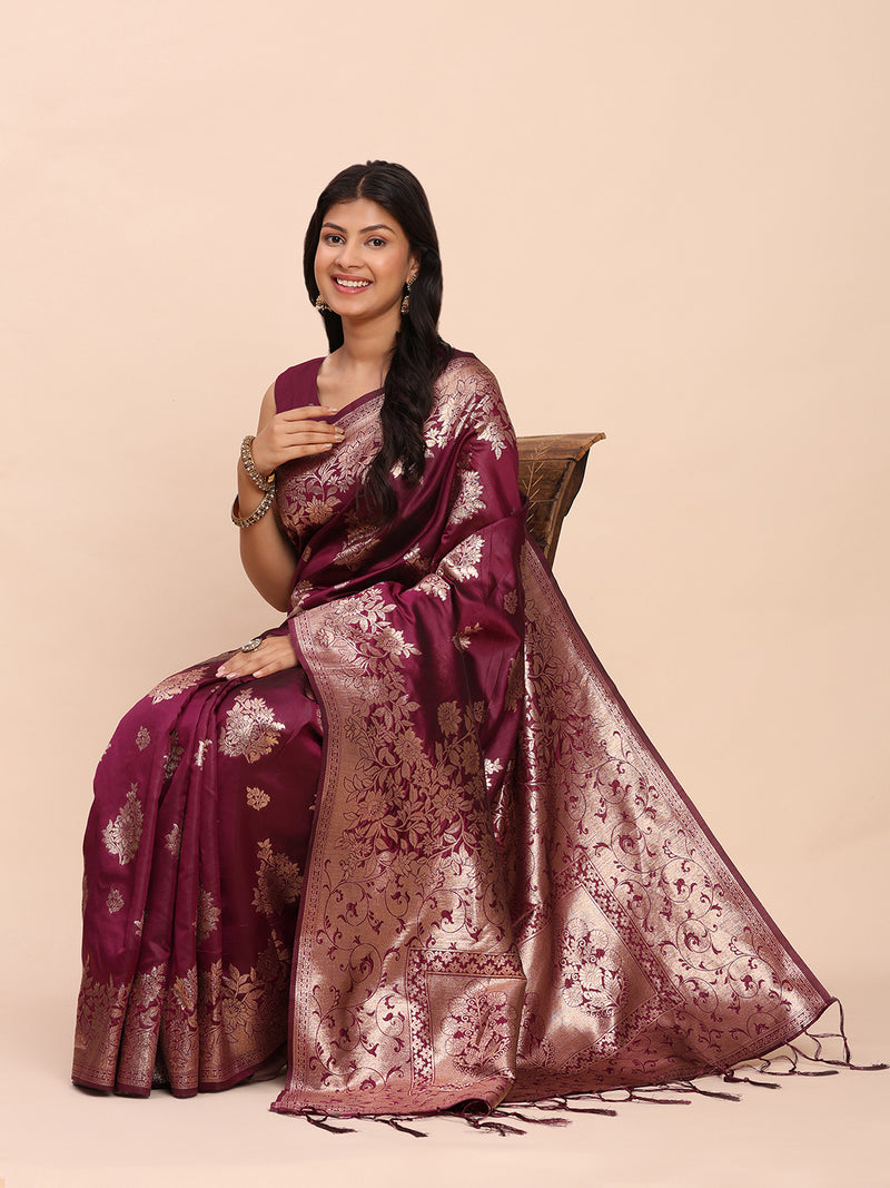 Purple Banarasi silk Saree with Blouse Piece | EZBER
