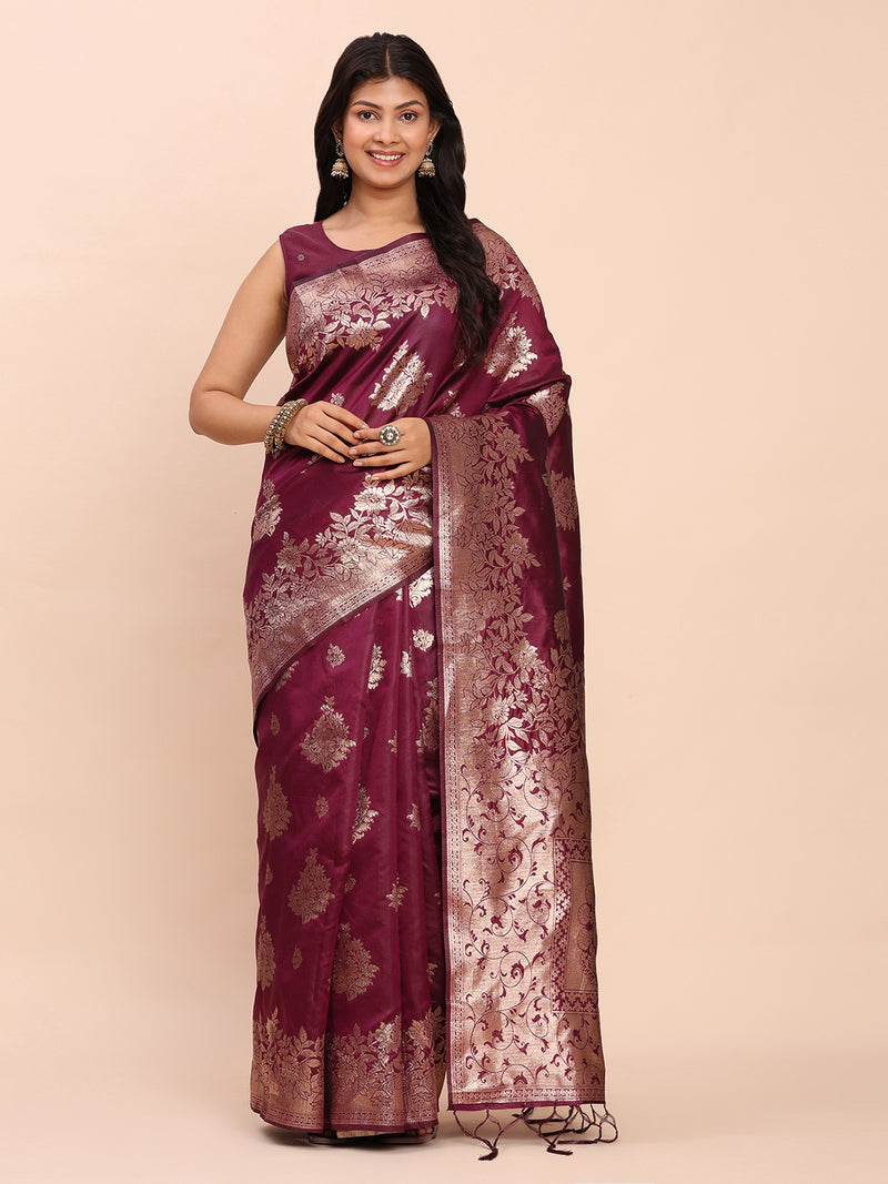 Purple Banarasi silk Saree with Blouse Piece | EZBER