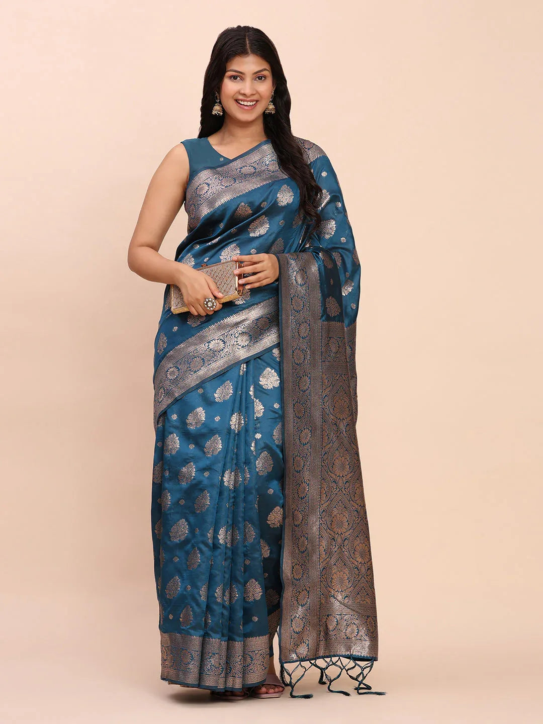Teal Blue Banarasi silk Saree With Blouse Piece - EZBER
