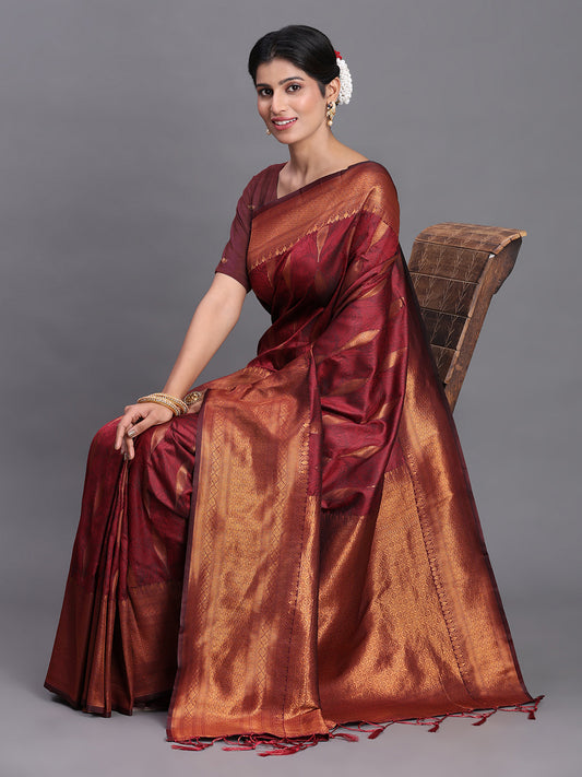 Silk Maroon Brocade Saree With Blouse Piece