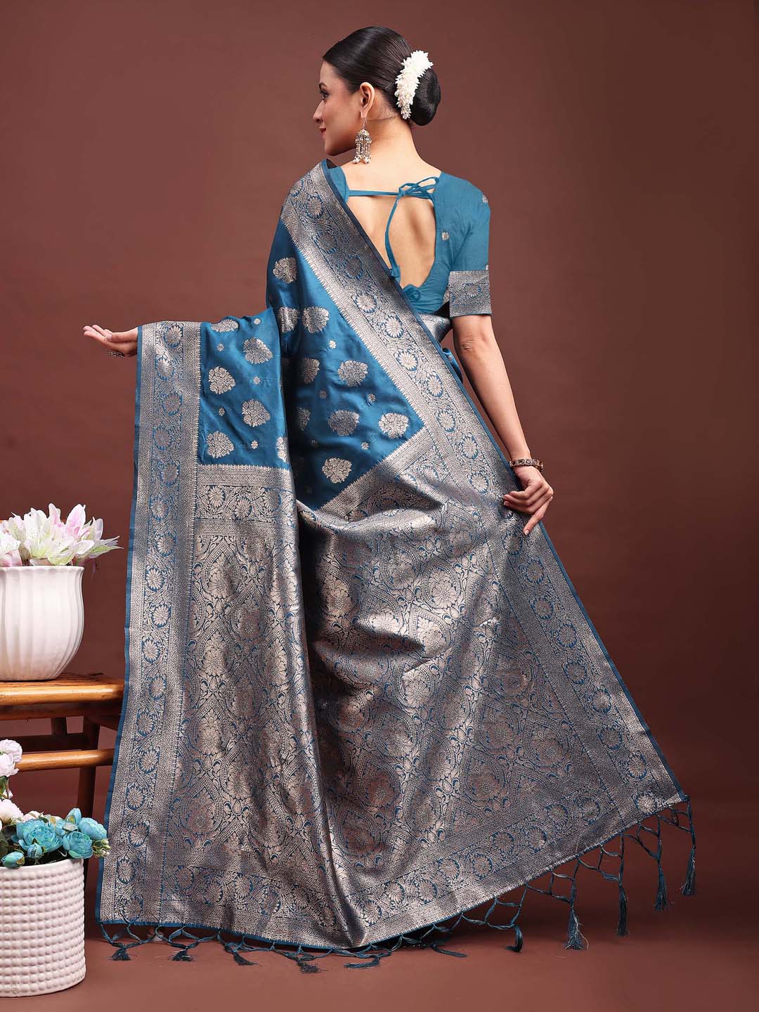 Banarasi Silk Teal Blue Brocade Saree With Blouse Piece