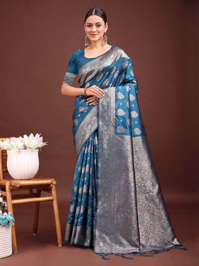 Banarasi Silk Teal Blue Brocade Saree With Blouse Piece