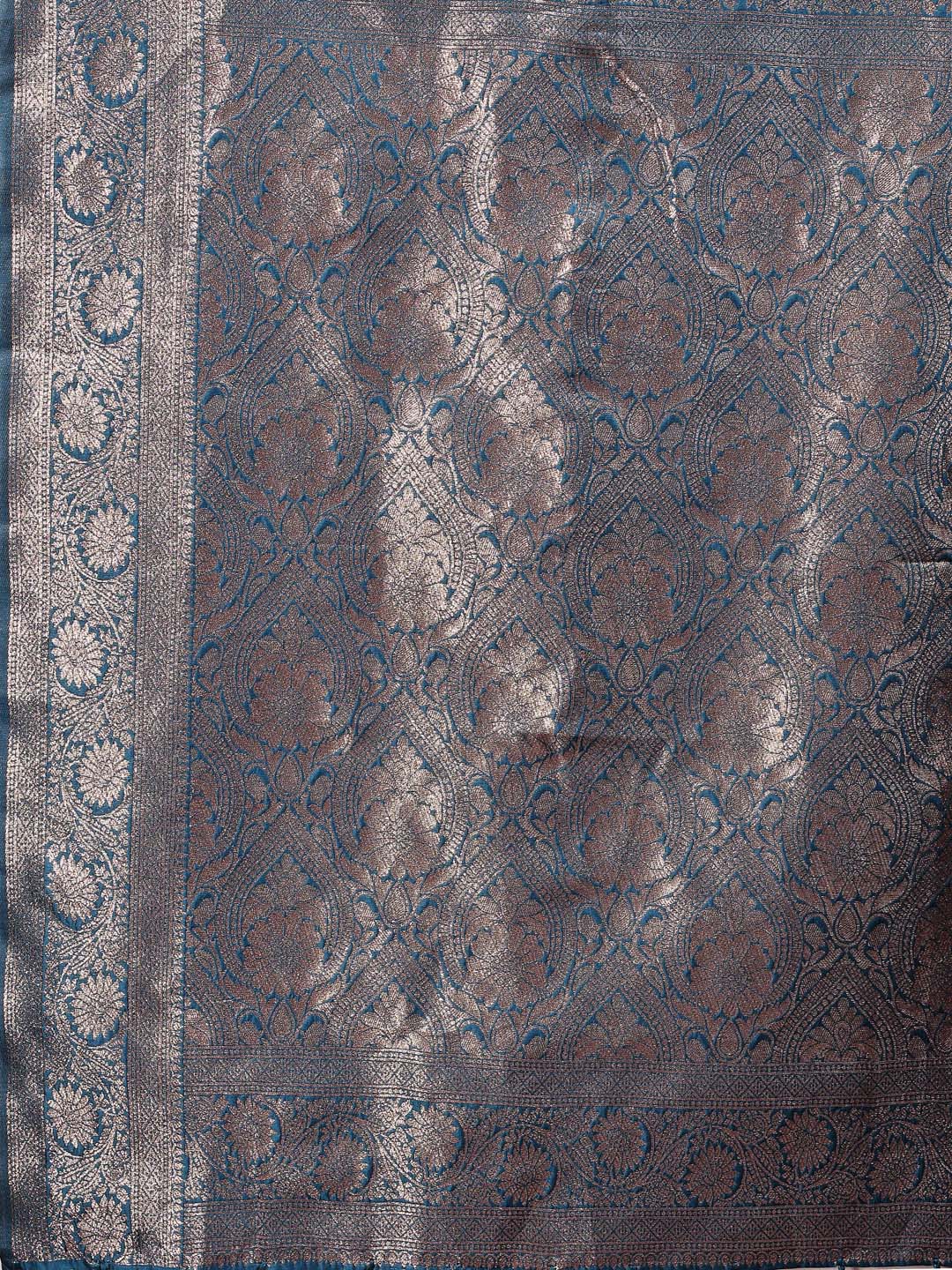 Banarasi Silk Teal Blue Brocade Saree With Blouse Piece