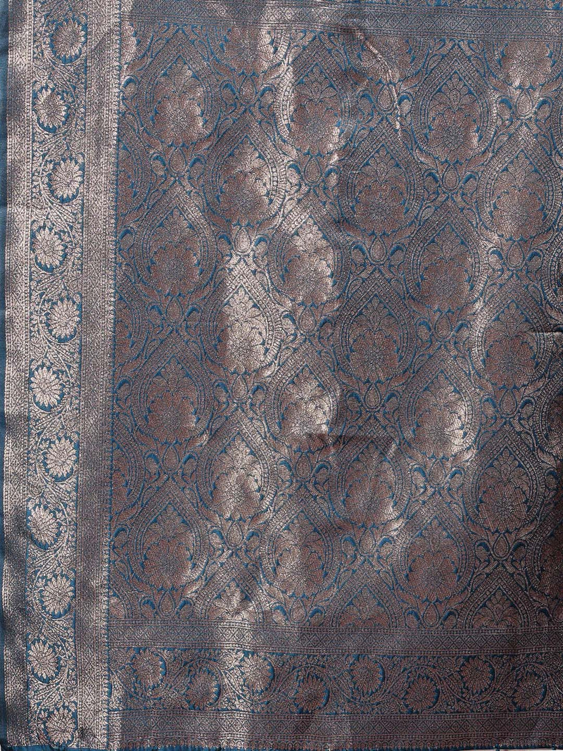 Banarasi Silk Teal Blue Brocade Saree With Blouse Piece
