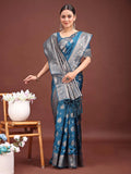 Teal Blue Banarasi Silk Saree With Blouse Piece - EZBER