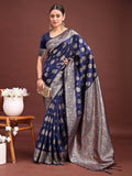 Navy Blue Banarasi Silk Saree With Blouse Piece - EZBER