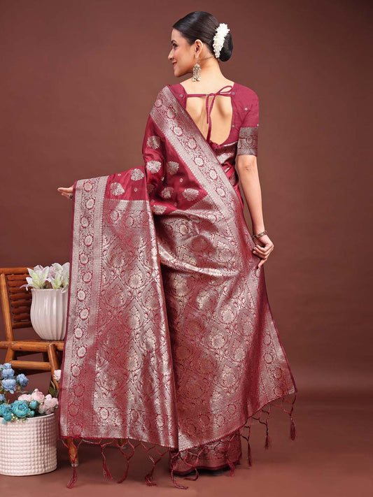 Banarasi Silk Maroon Brocade Saree With Blouse Piece