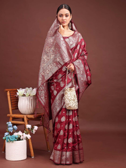 Maroon Banarasi Silk Saree With Blouse Piece - EZBER