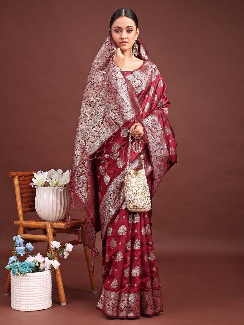 Maroon Banarasi Silk Saree With Blouse Piece - EZBER