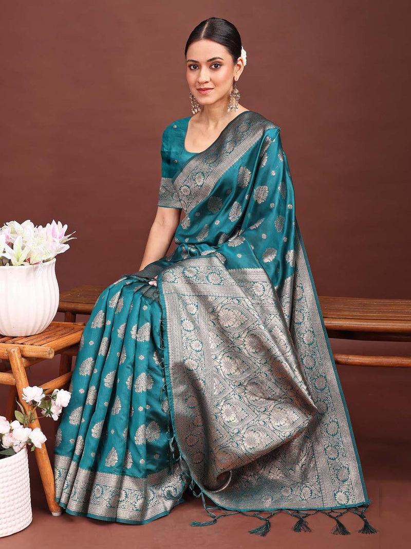Sea Green Banarasi Silk Saree With Blouse Piece - EZBER