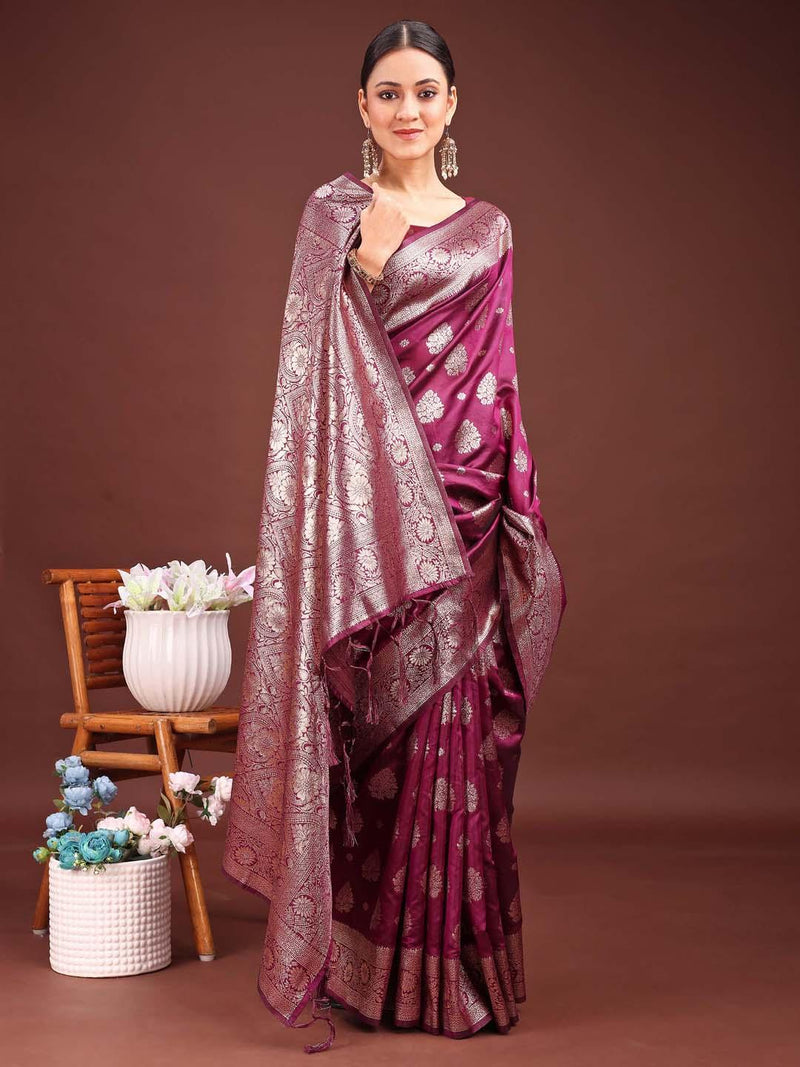 Purple Banarasi Silk Saree With Blouse Piece - EZBER