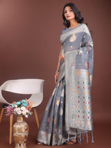 Grey Linen Cotton Brocade Saree | EZB SI04 ASBUL1002