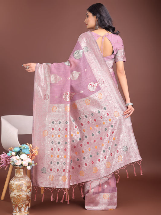 Linen Cotton Purple Brocade Saree With Blouse Piece