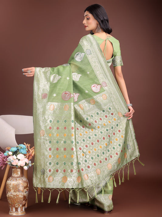 Linen Cotton Light Green Brocade Saree With Blouse Piece