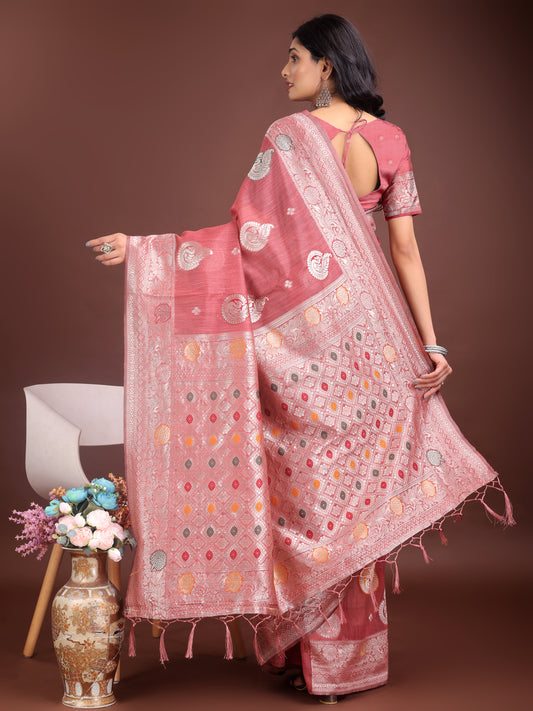 Linen Cotton Pink Brocade Saree With Blouse Piece