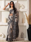 Cream Linen Cotton Saree With Blouse Piece - EZBER