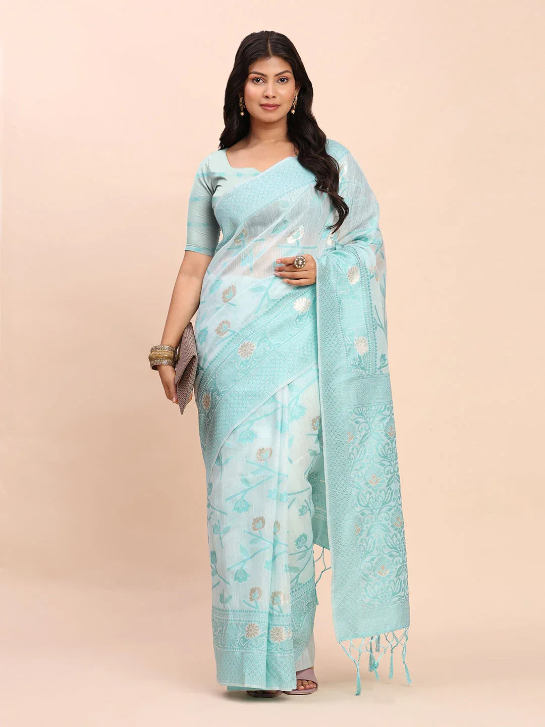 Sky Blue Linen Cotton Saree With Blouse Piece - EZBER