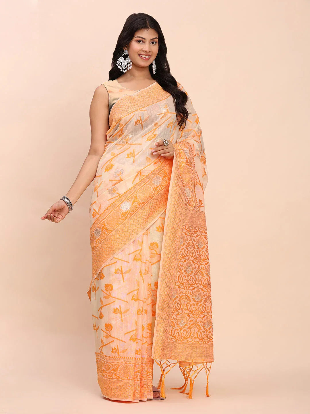 Orange Linen Cotton Saree With Blouse Piece - EZBER