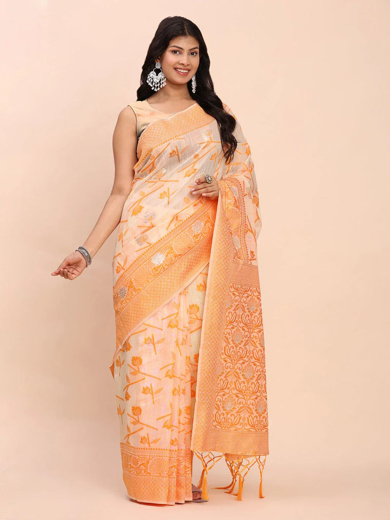 Orange Linen Cotton Saree With Blouse Piece - EZBER