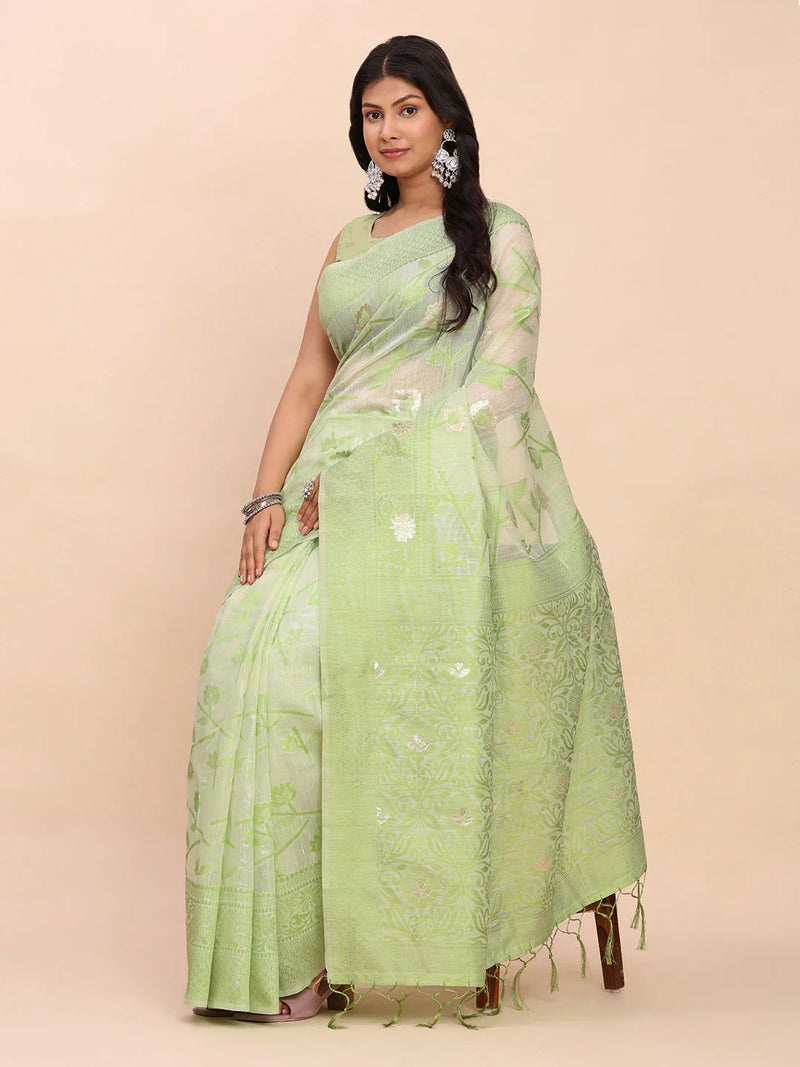 Light Green Linen Cotton Saree With Blouse Piece - EZBER