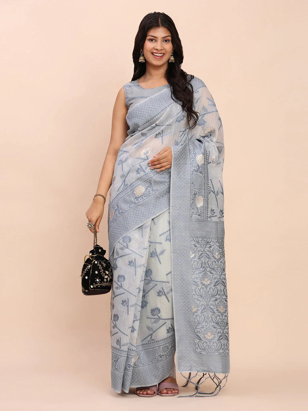 Grey Linen Cotton Saree With Blouse Piece - EZBER