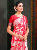 Red & White Linen Cotton Saree With Blouse Piece - EZBER