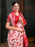 Red & White Linen Cotton Saree With Blouse Piece - EZBER