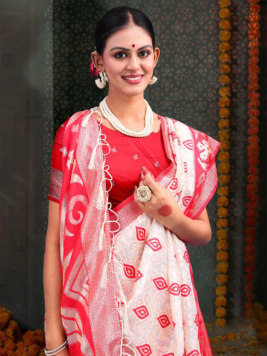Red & White Linen Cotton Saree With Blouse Piece - EZBER