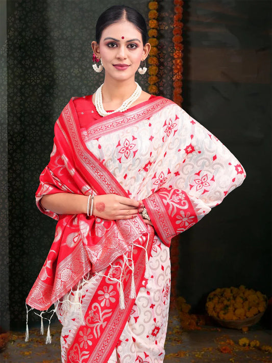 Red & White Linen Cotton Saree With Blouse Piece - EZBER