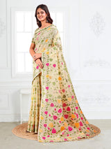 Cream Linen Cotton Brocade Saree | EZB SI04 ASGUL1001