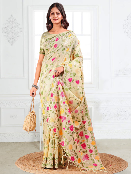 Linen Cotton Off White Brocade Saree With Blouse Piece
