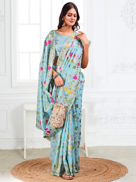 Linen Cotton Sky Blue Brocade Saree With Blouse Piece