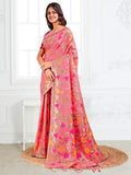 Linen Cotton Pink Brocade Saree With Blouse Piece