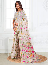 White Linen Cotton Brocade Saree | EZB SI04 ASGUL1006