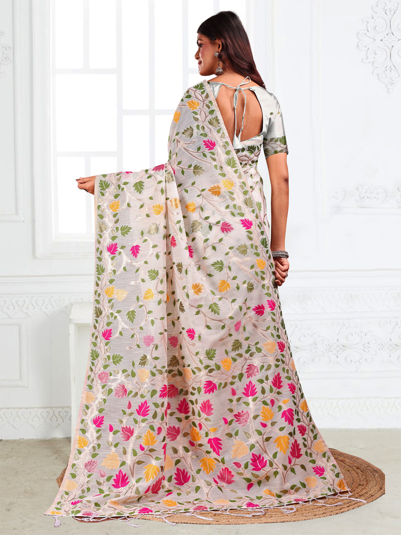 Linen Cotton White Brocade Saree With Blouse Piece