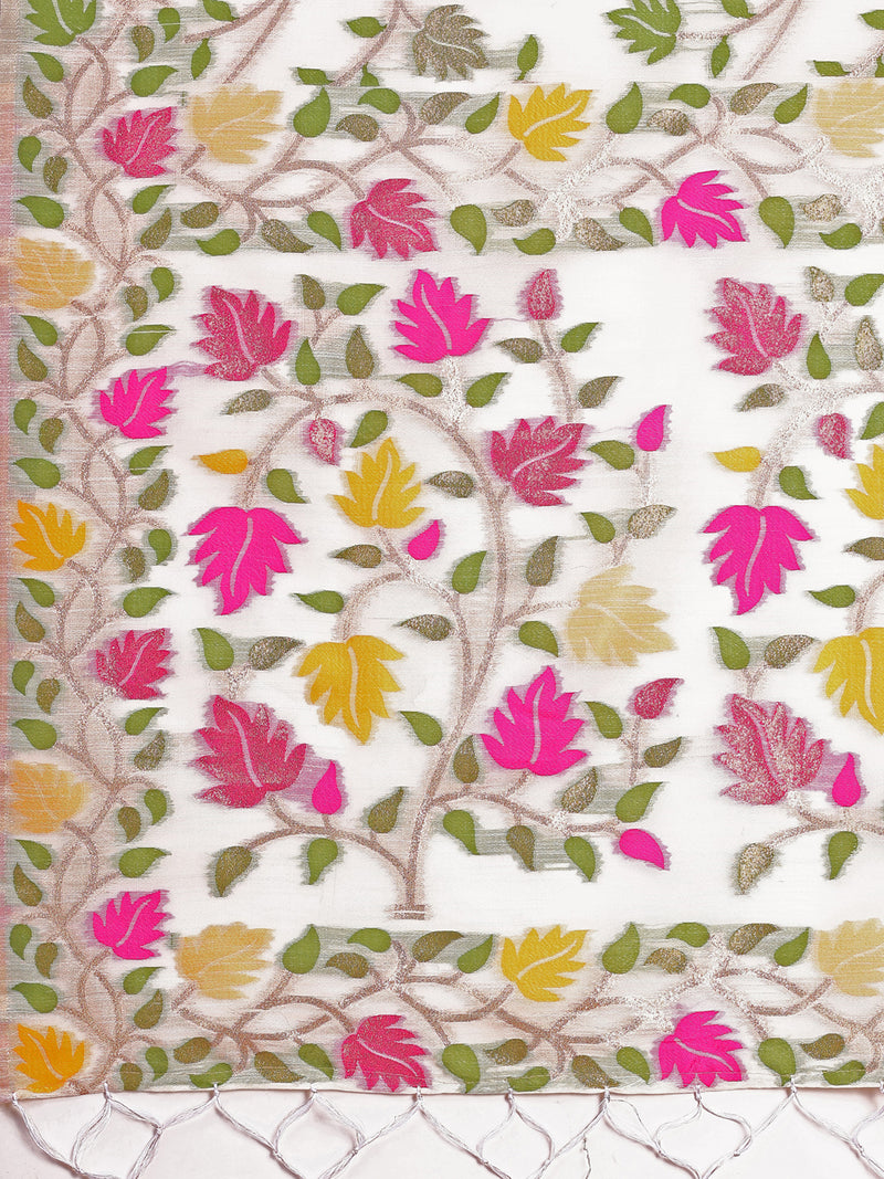 Linen Cotton White Brocade Saree With Blouse Piece