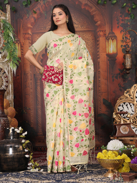 Linen Cotton Cream Brocade Saree With Blouse Piece