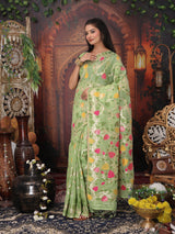 Green Linen Cotton Brocade Saree | EZB SI04 ASGUL2002