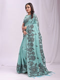 Linen Cotton Sea Green Brocade Saree With Blouse Piece