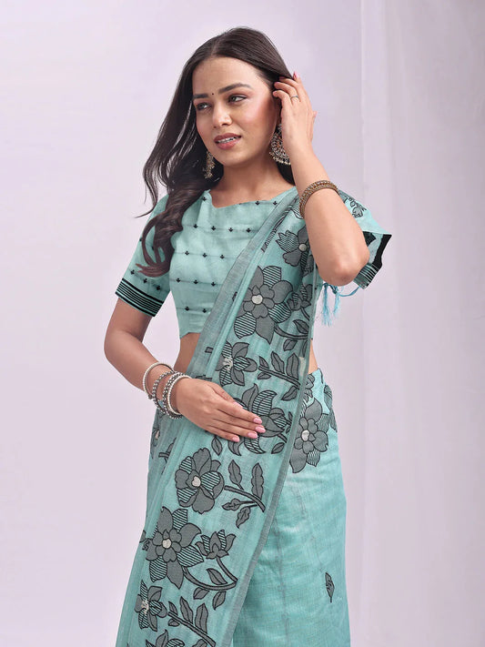 Sea Green Linen Cotton Saree With Blouse Piece - EZBER