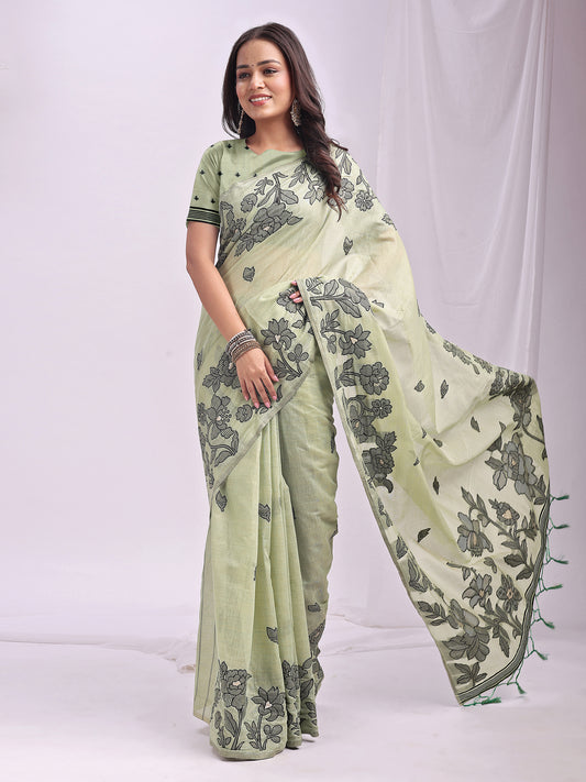 Linen Cotton Light Green Brocade Saree With Blouse Piece