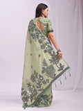 Linen Cotton Light Green Brocade Saree With Blouse Piece